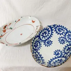 【中古】和食器 楕円皿 2枚セット 赤絵 染付 和モダン 陶器 箱付き 食器