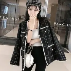 高級感 ブラック ツイード ジャケット ワンホンファッション