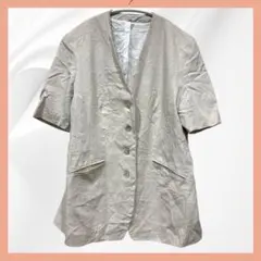 【極美品】リネン混 ノーカラー半袖ジャケット 貝ボタン ベージュ サイズ44