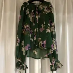 【目立つシミ汚れなし】ASOS 花柄 シフォンブラウス 長袖 グリーンのサムネイル