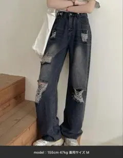 ウエスト調節可能ダメージデニムパンツのサムネイル