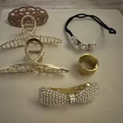 パール装飾リボン型バレッタ６点セット