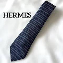 極美品★【HERMES エルメス】H柄調 幾何学模様 ネクタイ 総柄 ネイビー