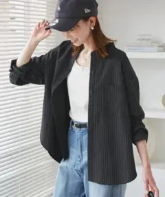 バンドカラーラウンドヘムストライプシャツ