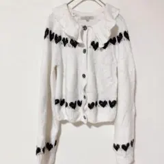 LOVE TREE フリル襟 ハート柄 ニットカーディガン ラメボタン L 白