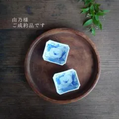 【お取り置き】染付 朝顔に蝶 隅入角豆皿 2枚 骨董 アンティーク