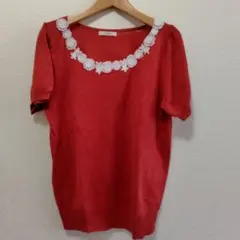 朱色　半袖ニット 花柄レース装飾　テチチ