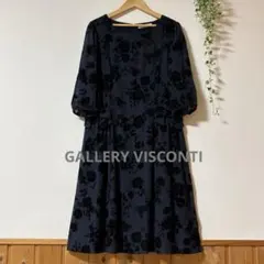 最終お値下げ⭐︎ギャラリービスコンティ　フラワーフロッキーワンピース　七分袖　濃紺