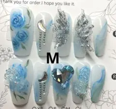 青いバラ ネイルチップセット　立体羽根飾りサイズM
