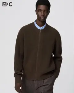 UNIQLO C クルーネックフルジップカーディガン　ブラウン　L 新品
