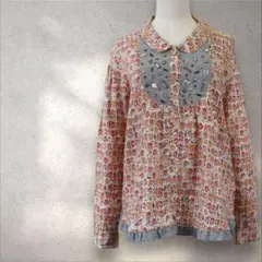 FRAPBOIS 長袖ブラウス 花柄 バイカラー ビジュー フリル 個性派