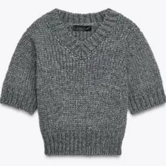 ZARA グレー Vネッククロップドニットセーター 半袖