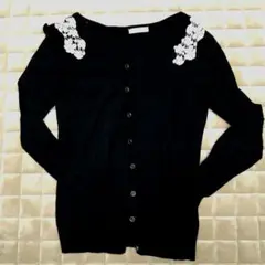 pour la frime 黒 レース装飾 カーディガン