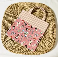 ミニトートバッグ　こけし柄　チェック柄　ハンドメイド