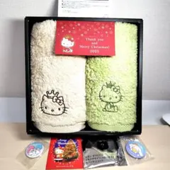 ハローキティタオルセット（クリーム・緑）＆キティラバーマスコット＆缶バッチ＆他