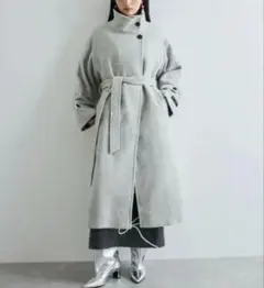 VIS グレー ロングコート ウエストベルト付き