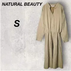 ナチュラルビューティー　ワンピース　S　ベージュ　シャツワンピース　リボン