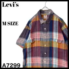 LEVI's リーバイス 半袖シャツ チェックシャツ ネイビー オレンジ M