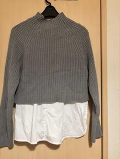 グレーのリブ編みクロップドニット 38/M