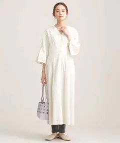 O1083ナノユニバースロングシャツワンピース七分袖オフホワイト白レースコットン