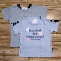 新品 未使用 英字プリント 袖リボン 半袖 Tシャツ 女の子 水色 110