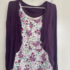 ローラーアシュレイ　紫色フリルカーディガンと花柄ドレスセット