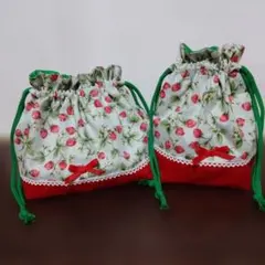 お弁当袋＆コッブ袋セット　いちご　レース　ハンドメイド　入園入学