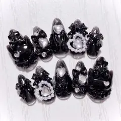 No.687 ネイルチップ 量産型 地雷系 サブカル 平成女児 猫 黒 ブラック