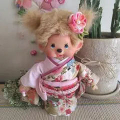 モンチッチS　着物　髪飾り　和鞄　ピンク　白金彩