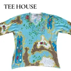 良品◎TEE HOUSE/半袖ブラウス/水色/F/バロック柄/花柄/ビジュー
