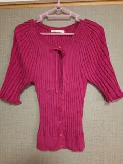 リブ編みピンク半袖カーディガン　綿100%