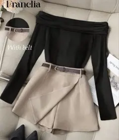 SHEINセットアップ 黒オフショルダー＆ベージュミニスカート＆ベルト