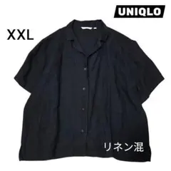 ユニクロ 麻混 XXL リネン オープンカラーシャツ 黒無地 匿名配送