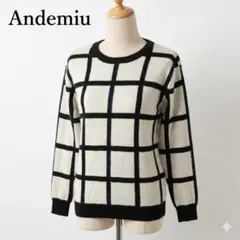 Andemiu 大判チェック柄 ニット セーター F アイボリー ネイビー 秋冬