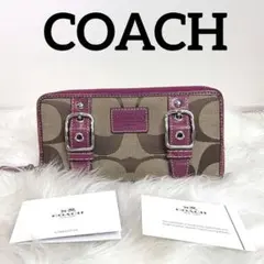 コーチ　ベルト　シグネチャー　ピンク　レザー　ロゴ　ラウンド　ファスナ　長 財布