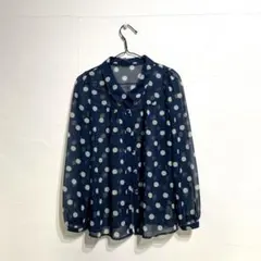 ネイビー 水玉 シフォン 長袖シャツ リボン付き