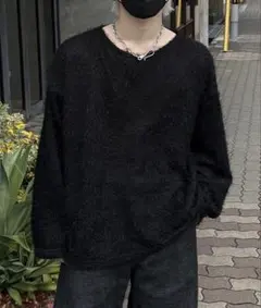 Chikashitsu+ シャギーニット ブラック 黒 ユニセックス 長袖 薄手のサムネイル
