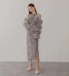 LEJA フリルチュールスリーブリボンIラインワンピースドレス2点SET