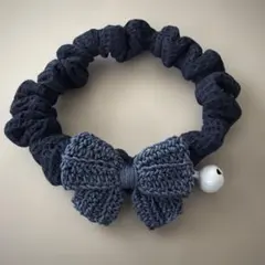 リボン付きダークブルーのシュシュ首輪　ハンドメイドペットアクセサリー