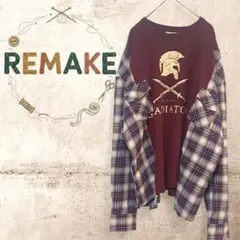 M～L相当 ゆったりゆるだぼ ドッキングTシャツ×チェック柄シャツ 古着リメイク