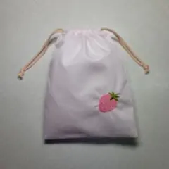 ハンドメイド　巾着袋　コップ袋『103』ピンク 巾着袋 いちごと葉の刺繍　ポーチ