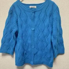 【ロデオクラウンズ】青 ケーブル編み 七分袖カーディガン