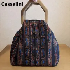 Casselini プリーツハンドバッグ 総柄 黒 レトロ 持ち手個性的のサムネイル