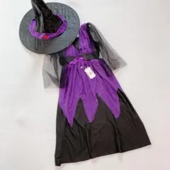 お得✴️ハロウィン 女の子 コスプレ 110㌢ ワンピース 魔女 衣装 帽子 紫