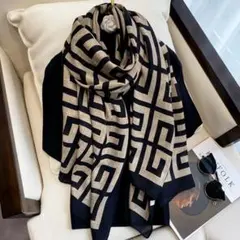 幾何学模様 ストール ベージュと黒 大判 サイズ：90cmx 90cm