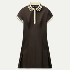 ZARA コントラストリブ編みプリーツワンピース 半袖　ダークブラウン
