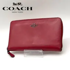 【美品】COACH レザー 長財布 ラウンドファスナー ロゴ金具 ブラック 赤