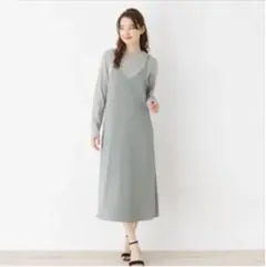 リブスリットニットワンピ　サテンキャミセット　OPAQUE