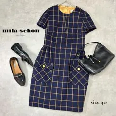 【mila schon】チェックワンピース ネイビー 半袖 40 M相当 上品