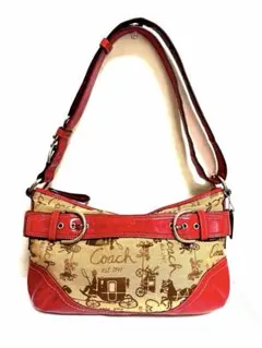希少◾️COACH ◾️かごバッグ ベージュ×赤 ストローバッグ コーチ COACH コーチ かごバッグ トートバッグ ストロー A4収納可 - メルカリ
